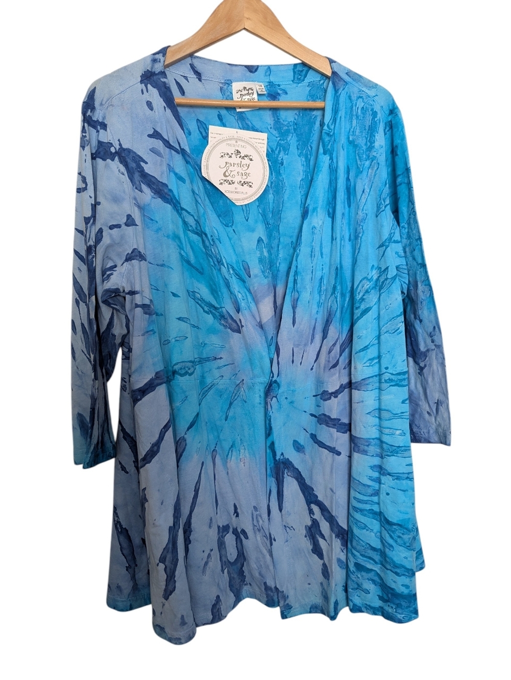 PARSLEY & SAGE Blue Tie-Dye Open Cardigan Size 1X